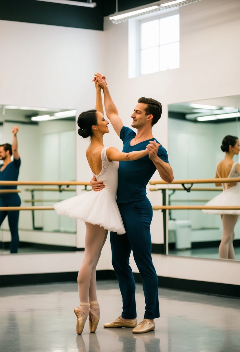 A couple gracefully dances in a studio, surrounded by mirrors and ballet bars, as an instructor guides them through a routine