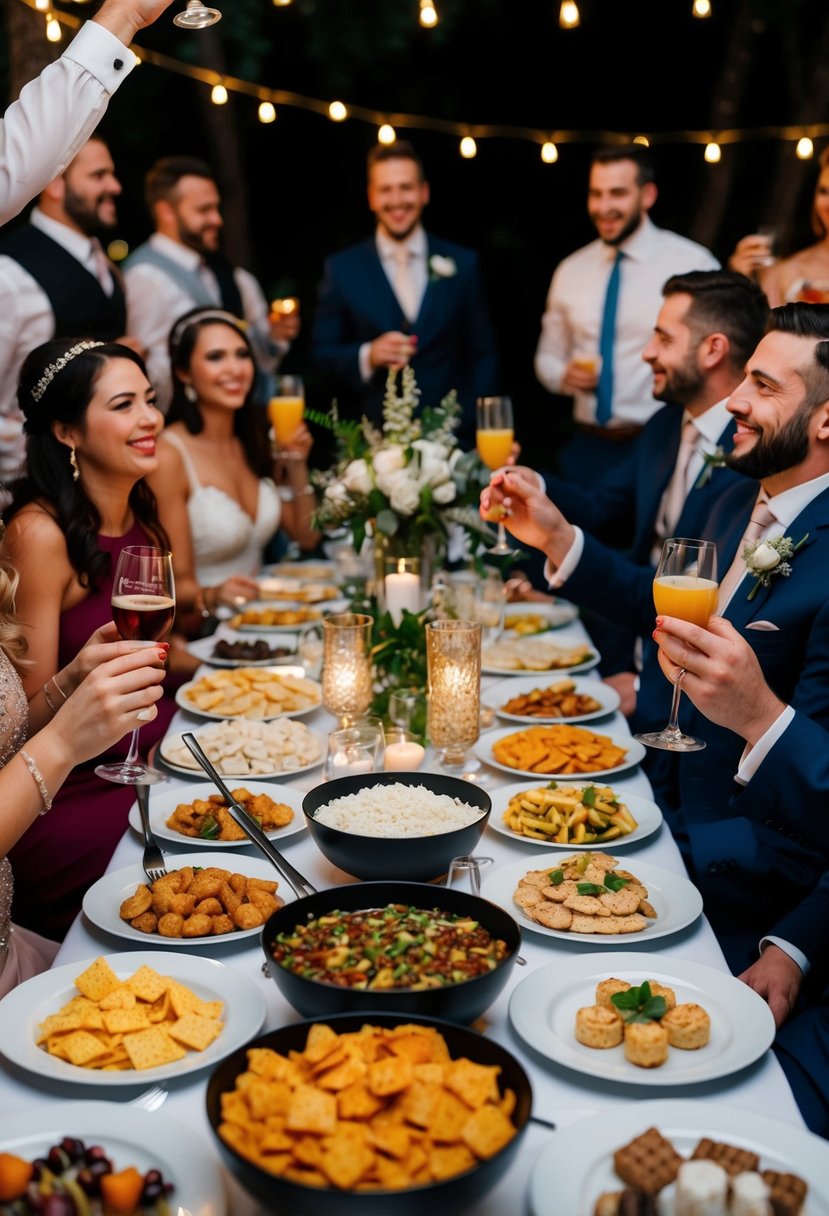 A table with a variety of late-night snacks and drinks, surrounded by party goers enjoying the wedding dinner tips