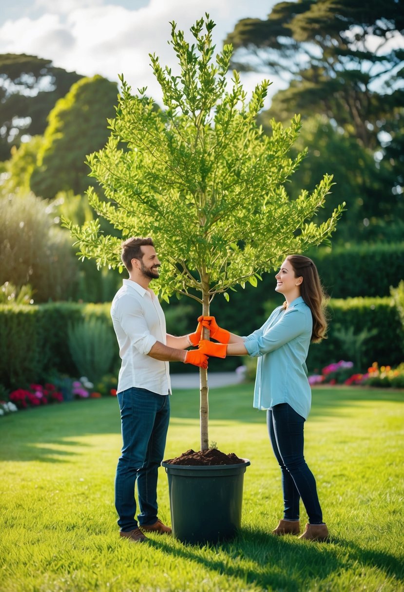 A couple planting a tree together in a lush garden