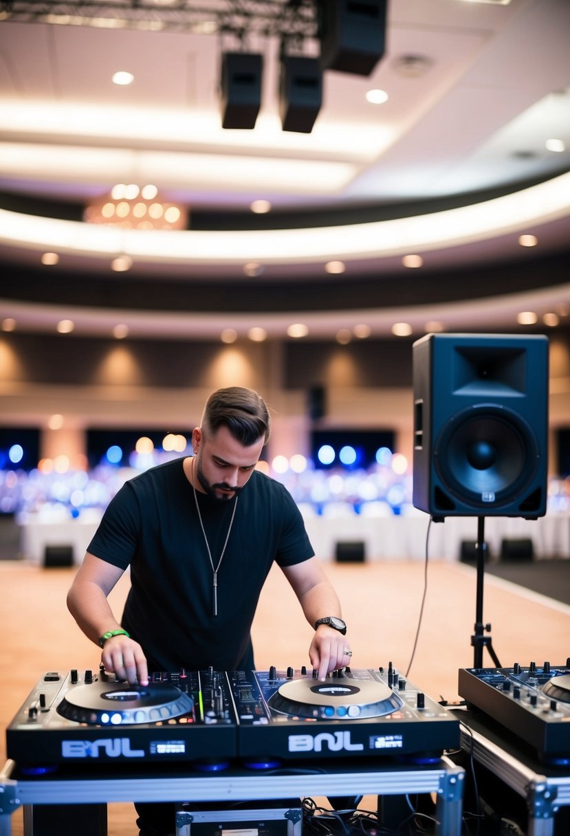 A DJ setting up equipment in an empty event venue with stage lights and speakers