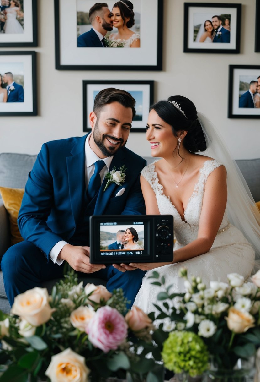 A couple watches their wedding video, surrounded by framed photos and flowers, reminiscing and smiling