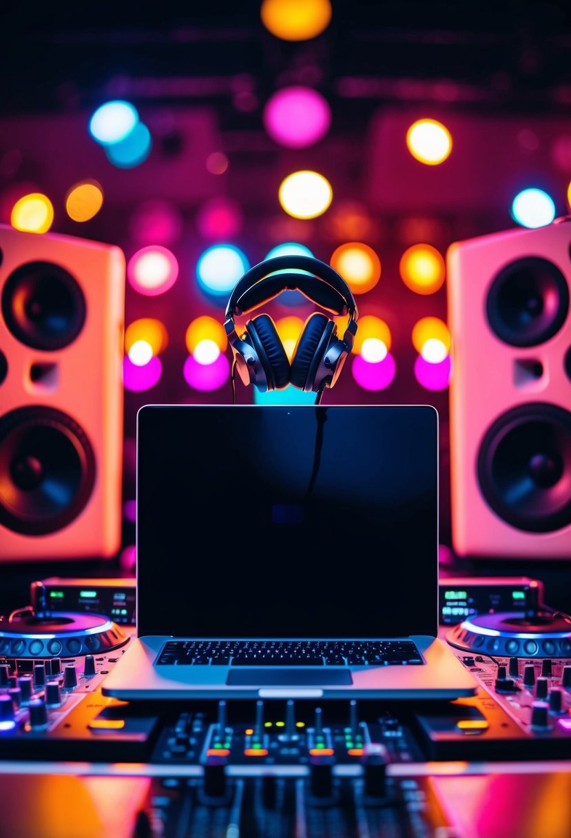 A DJ booth with a laptop, headphones, and mixer surrounded by colorful lights and speakers