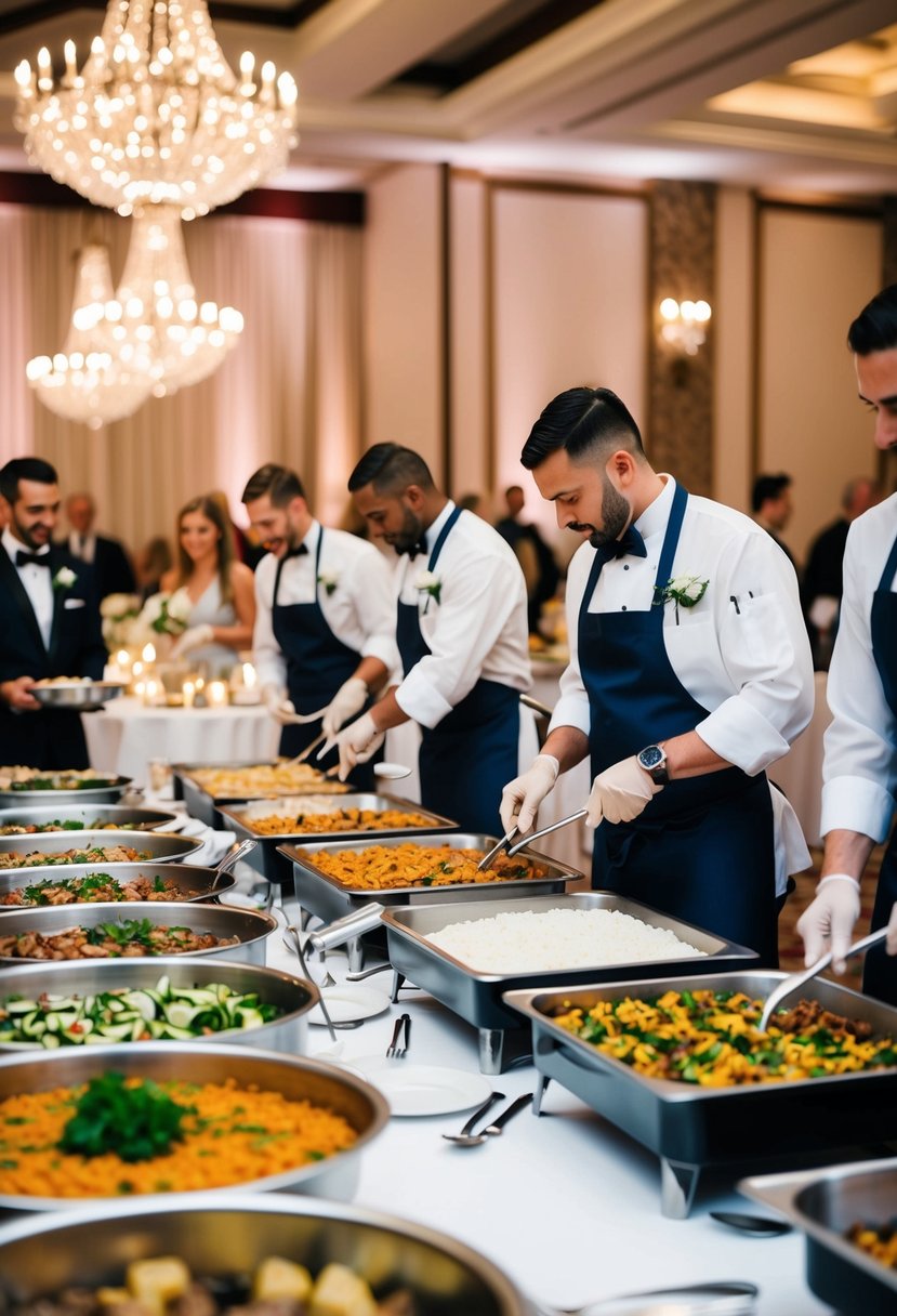 A wedding reception with interactive food stations featuring a variety of cuisines and chefs preparing dishes for guests