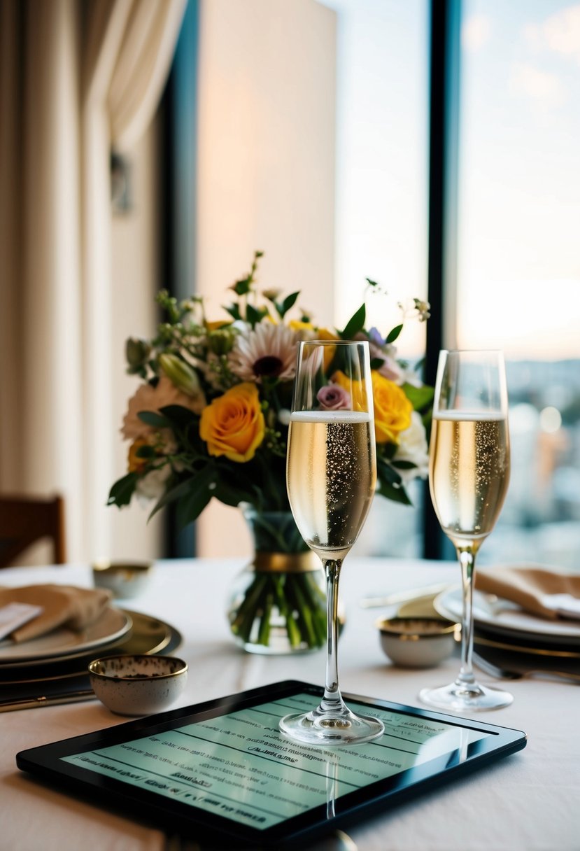 A table with a bouquet of flowers, a pair of champagne glasses, and a playlist of meaningful songs for a wedding anniversary celebration