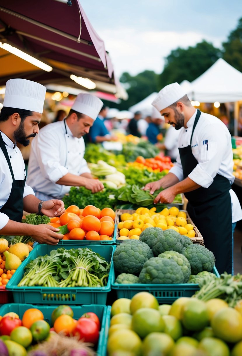 A bustling farmers market with colorful stalls selling fresh produce, while chefs carefully select local and sustainable ingredients for a wedding dinner