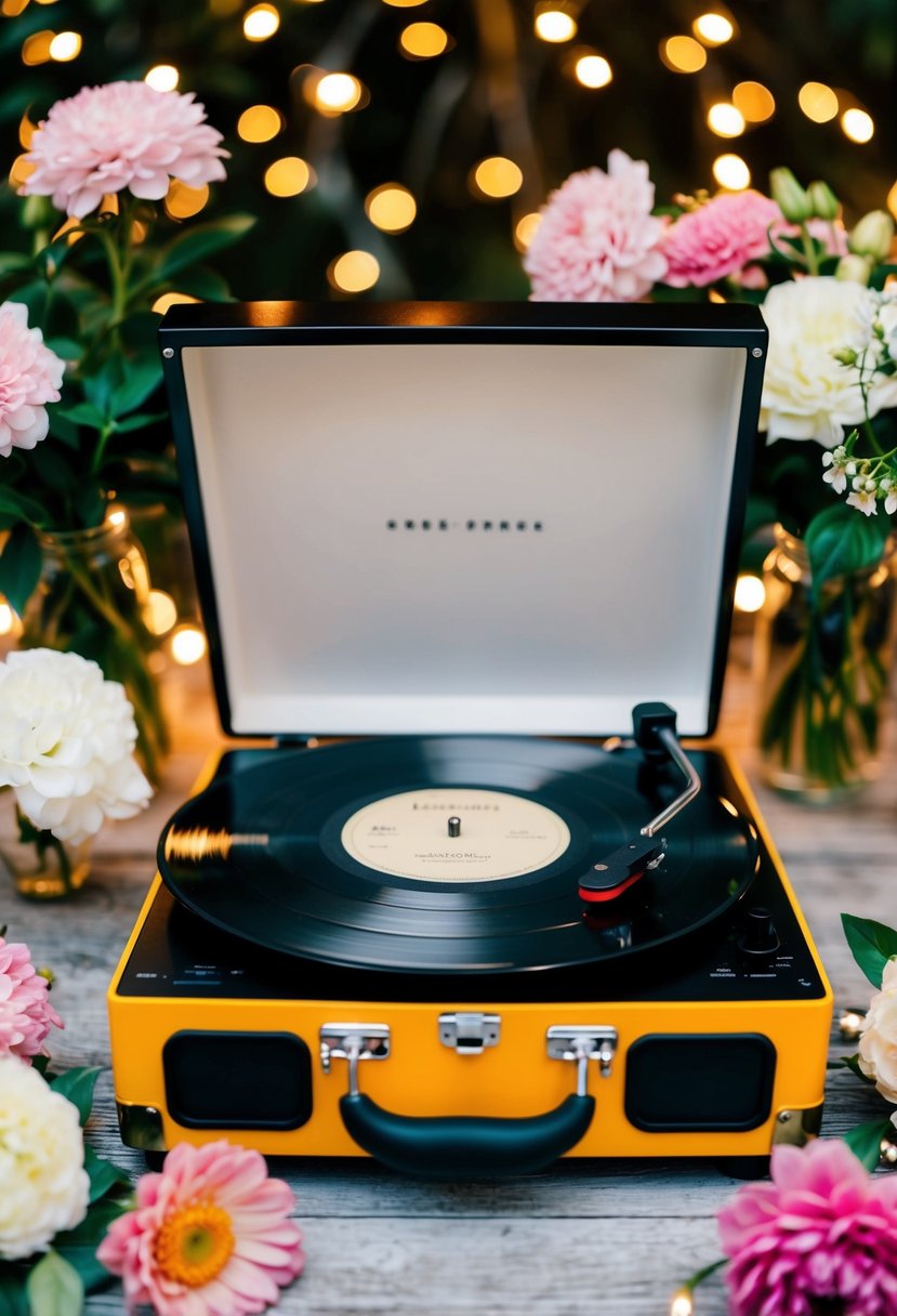 A record player spins with vinyls of the couple's favorite songs, surrounded by blooming flowers and twinkling lights