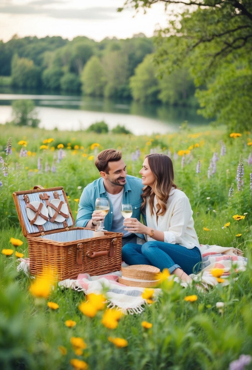 A couple picnicking in a serene meadow, surrounded by lush greenery and blooming flowers. A vintage picnic basket and a cozy blanket are spread out, with a beautiful view of a serene lake in the background