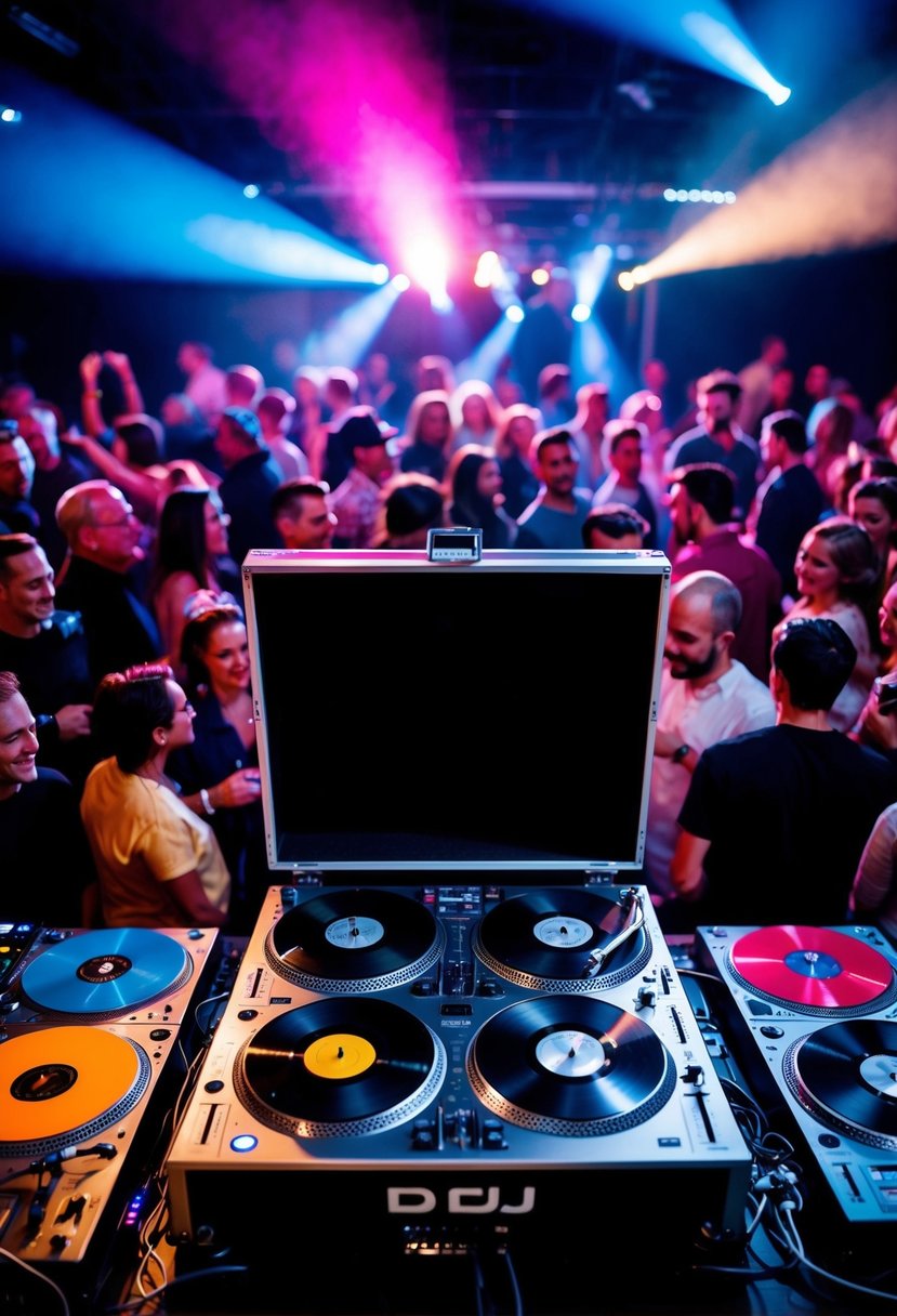 A DJ booth with turntables and classic vinyl records, surrounded by a lively dance floor filled with people of all ages