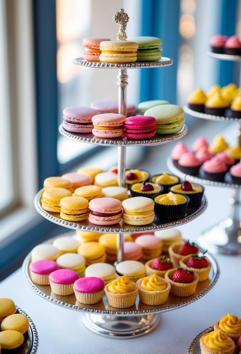 A colorful array of macarons, cupcakes, and fruit tarts arranged on a tiered dessert table