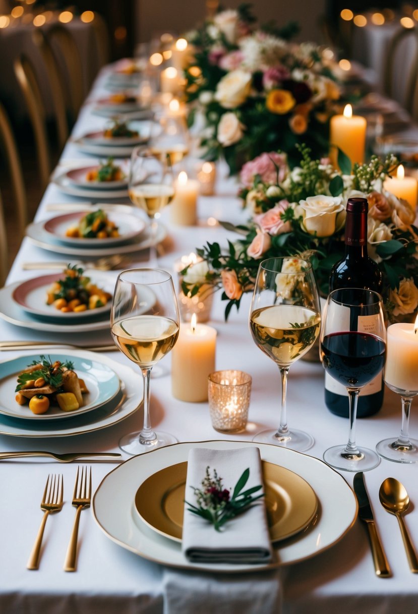 A beautifully set table with a variety of elegant dishes and glasses of wine, surrounded by floral centerpieces and soft candlelight