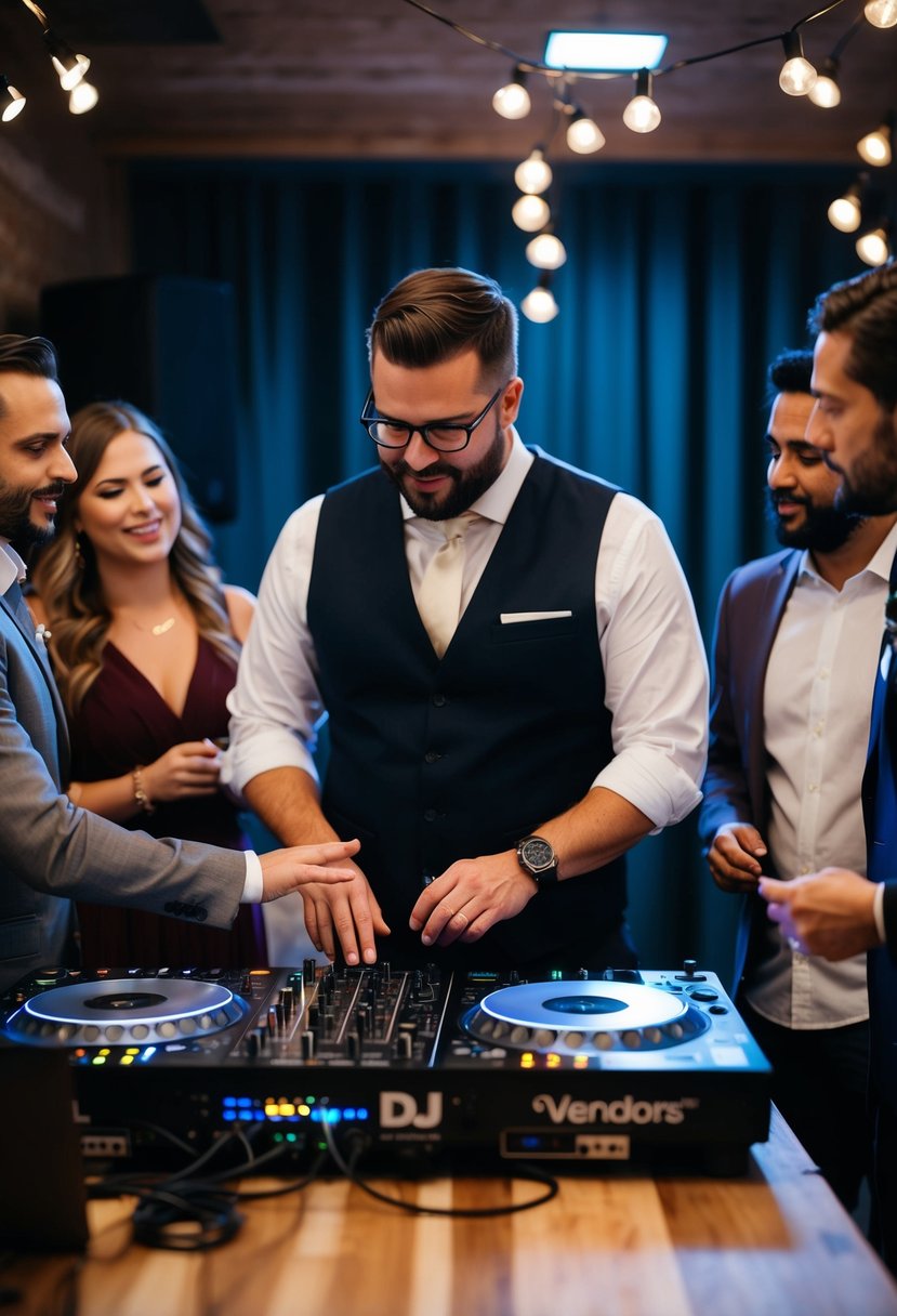 A wedding DJ discussing music and equipment with vendors in a cozy, dimly lit studio