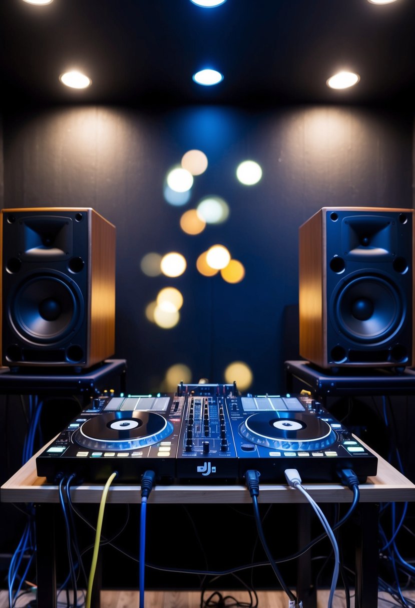 A DJ booth with speakers, mixer, and turntables set up in a dimly lit room. Cables and equipment are neatly organized and ready for testing