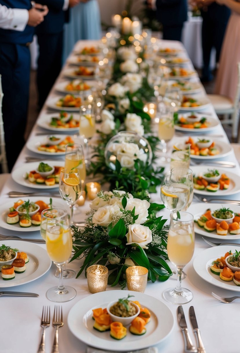 A table set with a variety of appetizers and drinks, with elegant dinnerware and decorations, ready for guests to arrive at a wedding reception