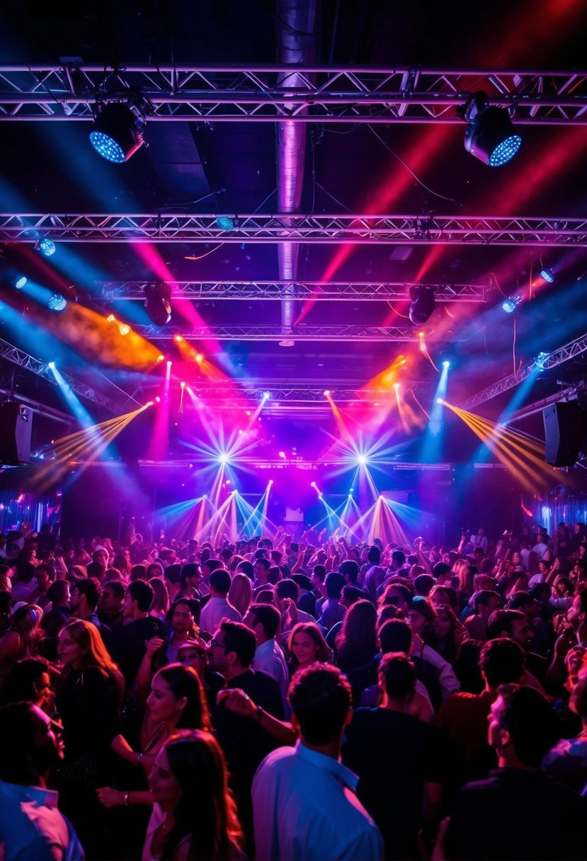 A crowded dance floor pulsing with colorful lights and lively music