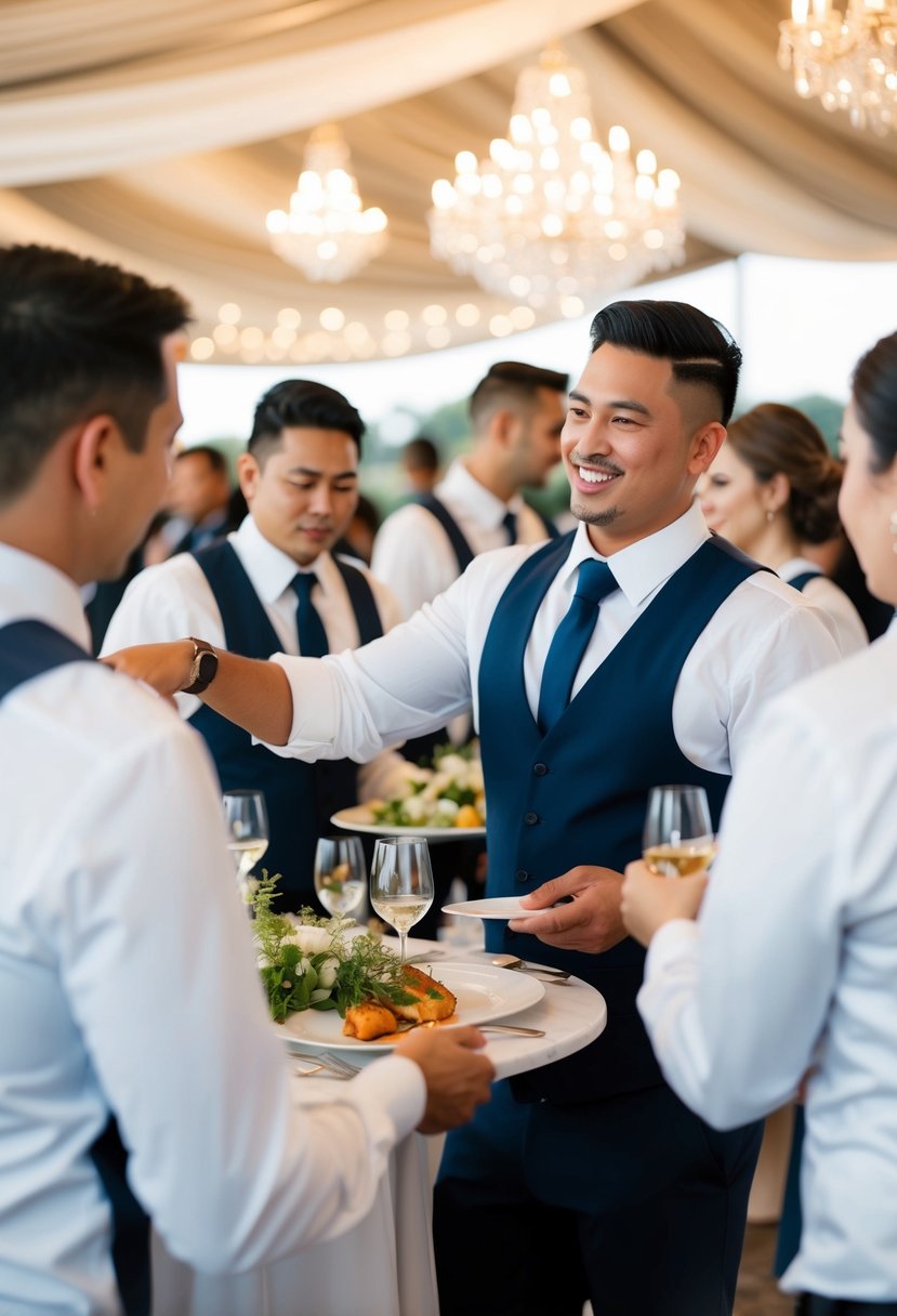 A wedding venue staff member coordinating with servers for seamless dinner service