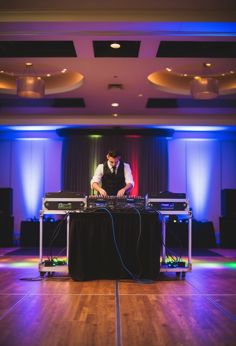 A DJ setting up equipment in a dimly lit reception hall, surrounded by colorful lights and a dance floor