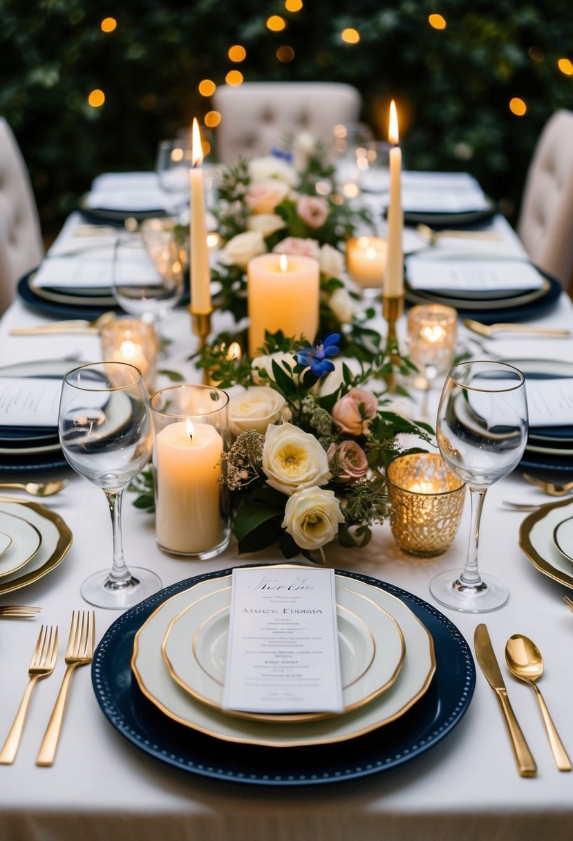 A beautifully set table with a mix of classic and modern dishes, surrounded by elegant floral centerpieces and candlelight