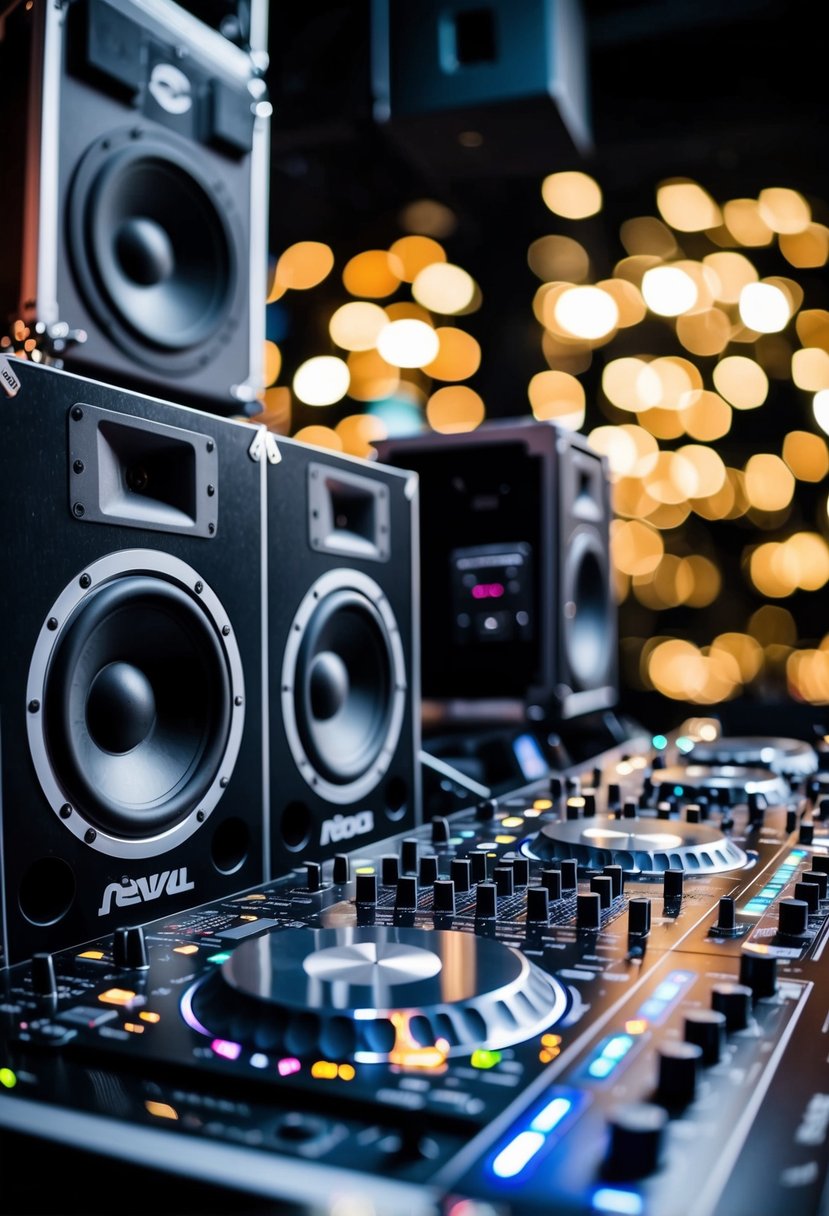 A DJ booth with a backup mixer and speakers set up alongside the main equipment, ready to be used in case of any technical failures