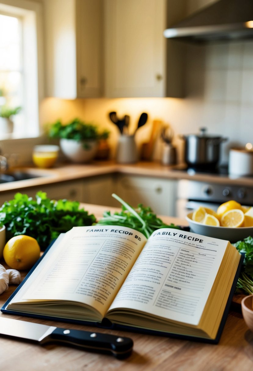 A family recipe book open on a kitchen counter, surrounded by fresh ingredients and cooking utensils. A warm, inviting atmosphere with soft lighting