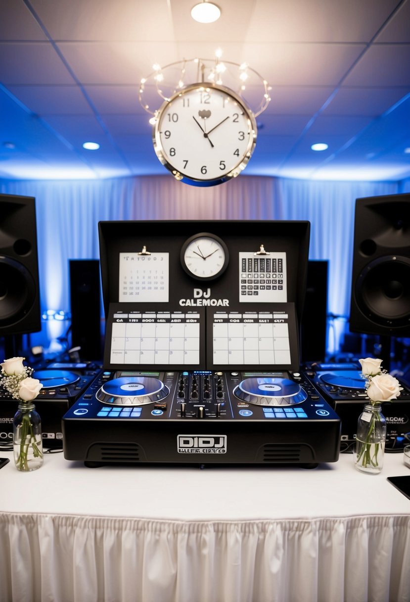 A DJ booth with a clock and calendar, surrounded by music equipment and wedding decor