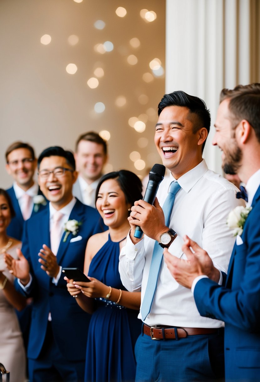 A group of people laughing and clapping as a person stands at a microphone, telling a humorous wedding speech