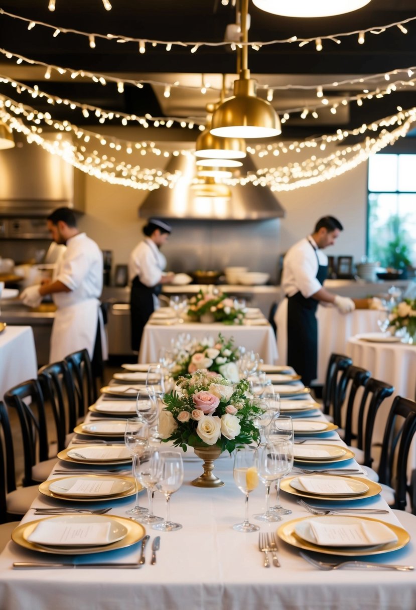 A table set with elegant place settings, surrounded by twinkling lights and floral centerpieces. A chef prepares dishes in a bustling kitchen nearby