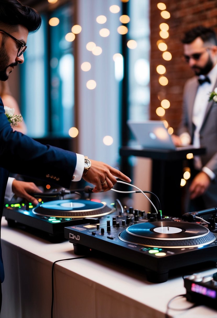 A wedding DJ mixing different music genres creatively on a turntable