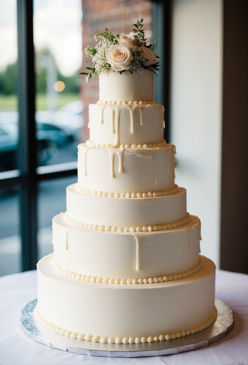 A multi-tiered wedding cake with tears streaming down each layer