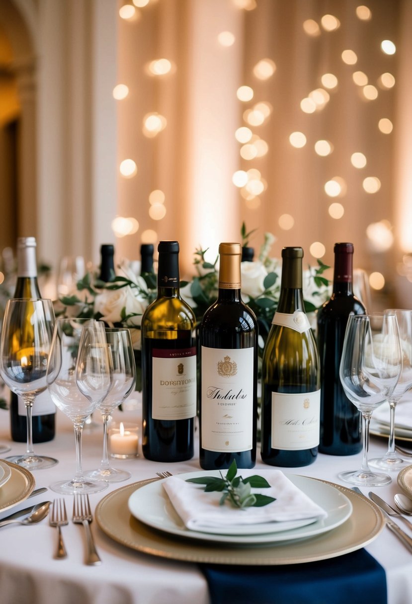 A beautifully set table with elegant glassware and a variety of wine bottles arranged for each course of a wedding dinner