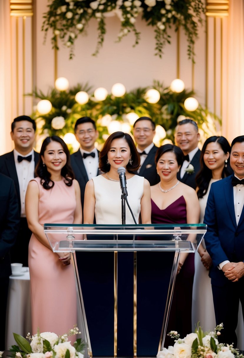 A podium with a microphone stands center stage, surrounded by elegant decor and smiling guests