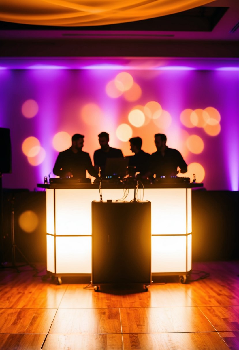 Warm, soft lighting illuminates the DJ booth, casting a golden glow over the dance floor. Shadows dance across the room, creating a romantic and inviting ambiance