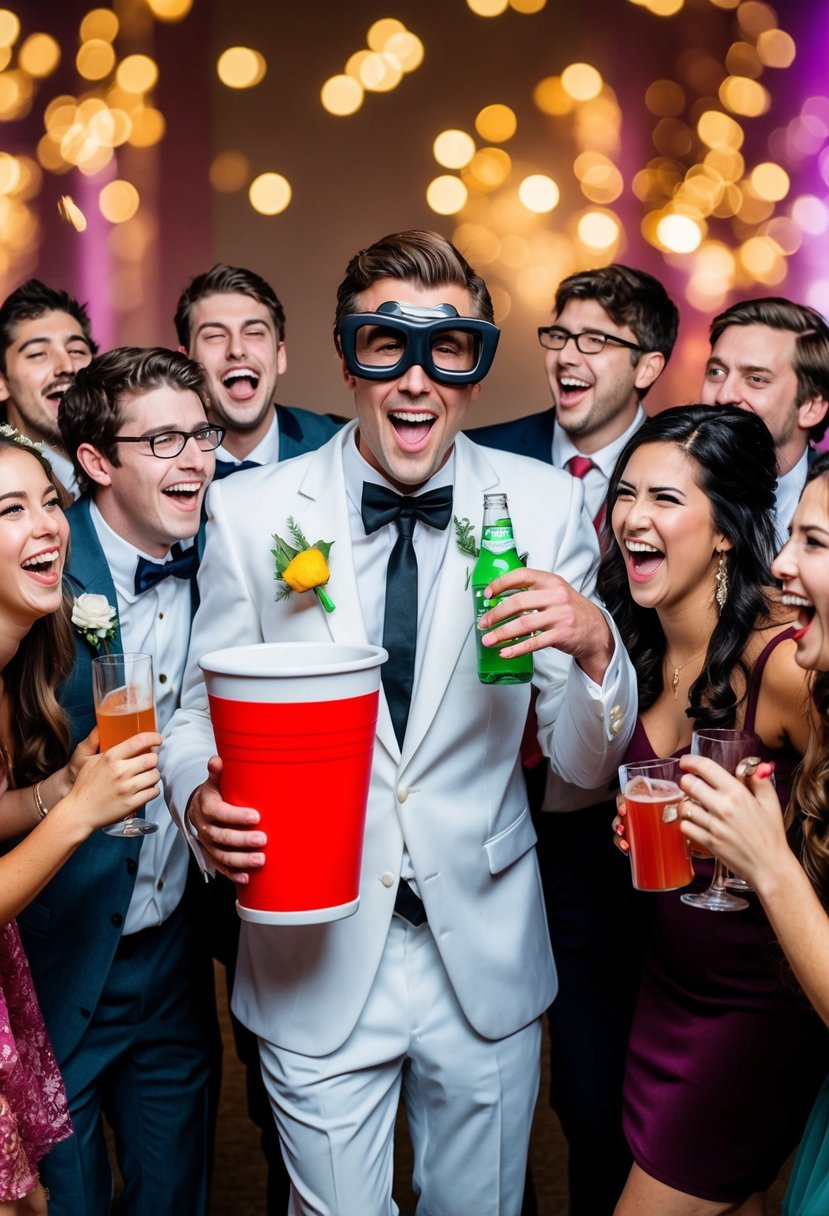 The groom wearing a ridiculous costume at a college party, surrounded by laughing friends and holding a comically oversized drink