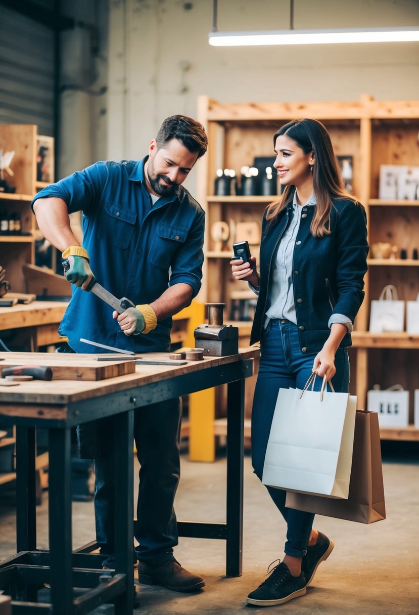 A man in a workshop, hammering and sawing, while a woman carries shopping bags and looks at items on display