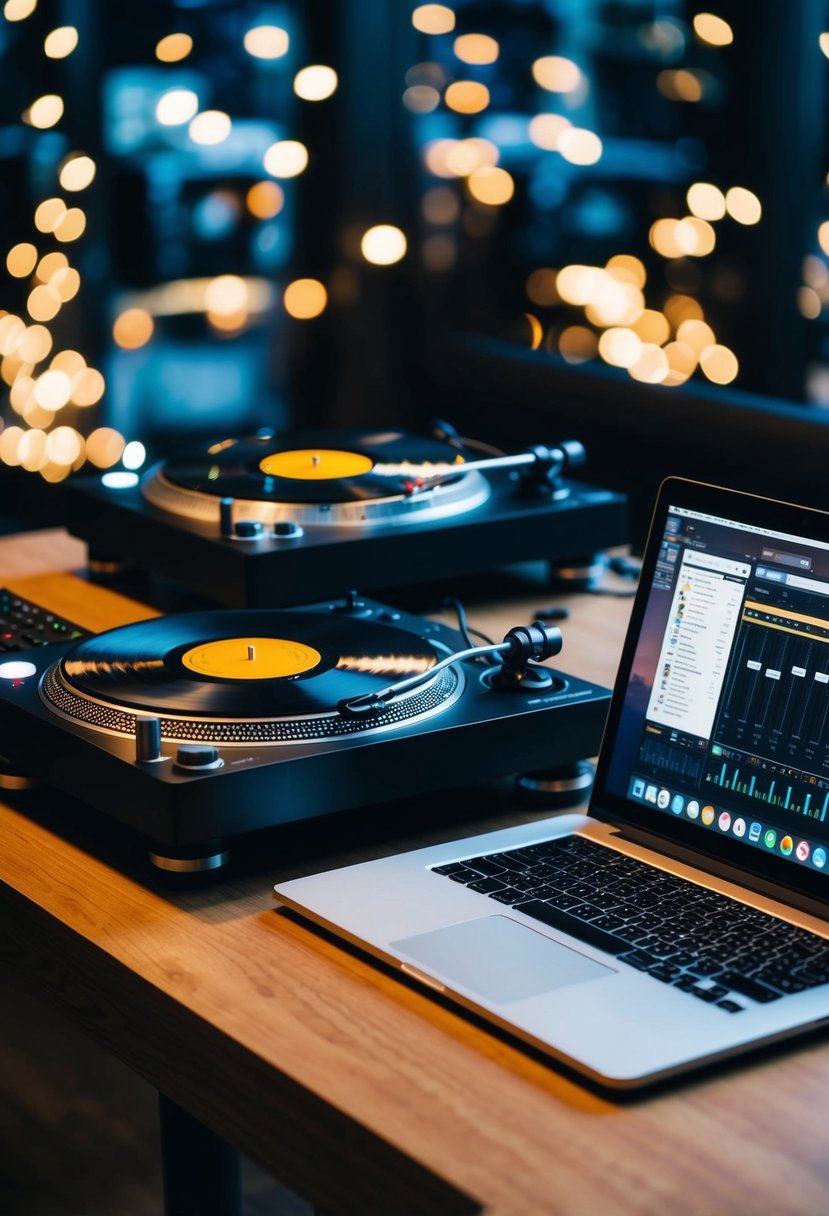 Two turntables with spinning vinyl records, a mixer with sliders and knobs, and a laptop with music software open on a table