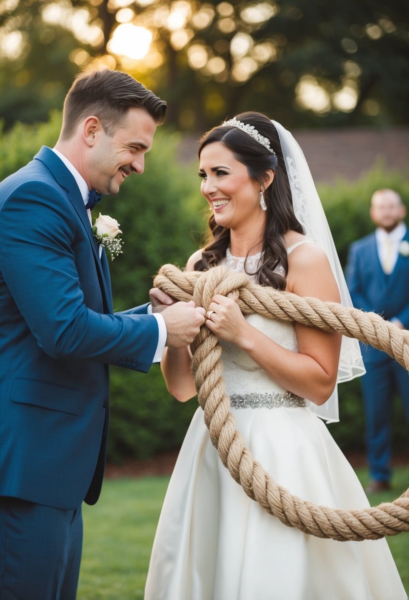 A bride and groom tying a giant knot with comically oversized rope