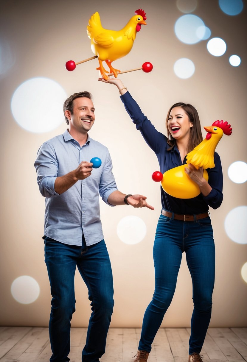 A man juggles while a woman dances with a rubber chicken, both laughing joyfully