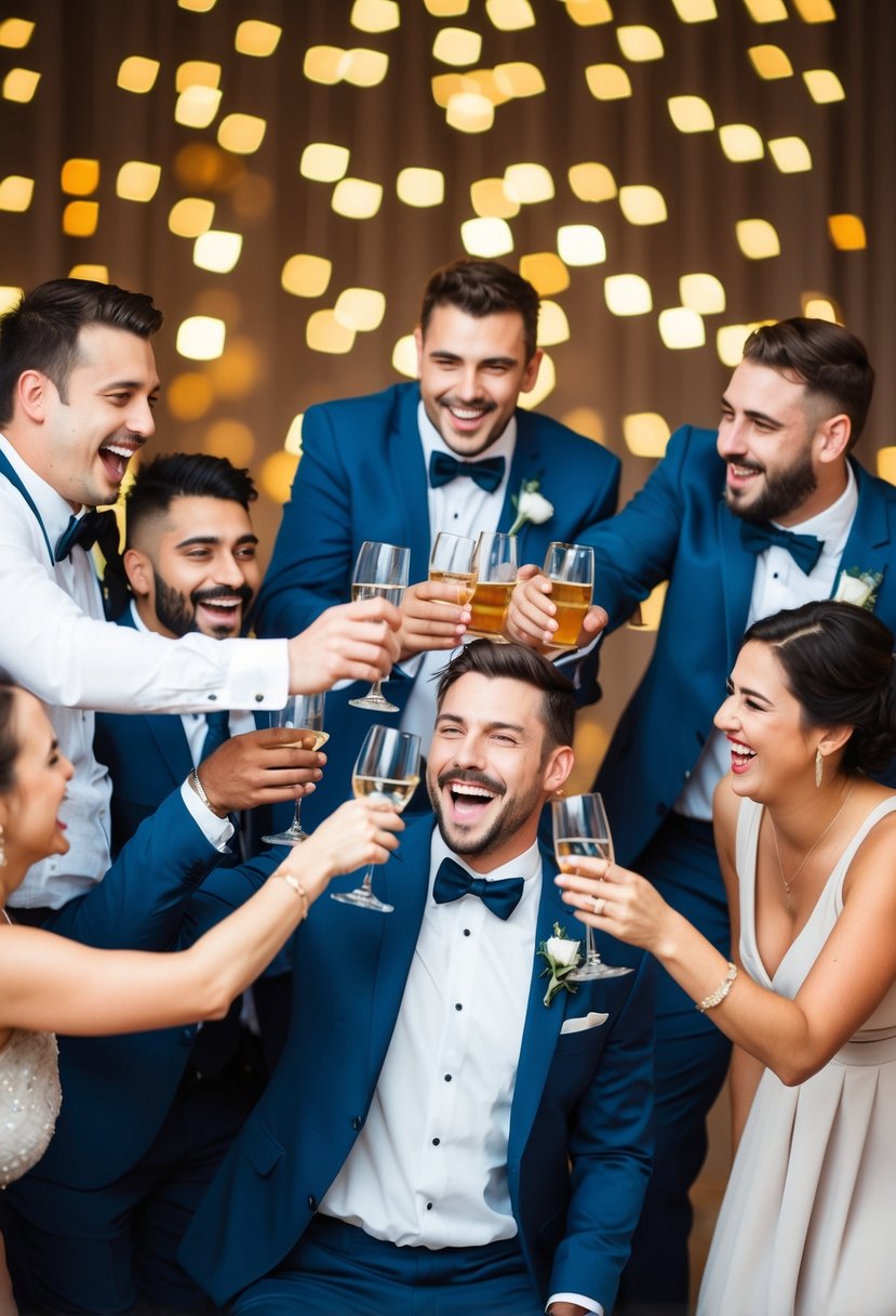 A group of friends laughing and toasting to the groom's bachelor days, with a comical mishap as the centerpiece of the anecdote