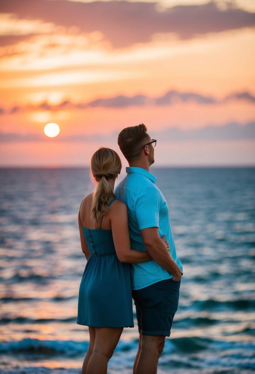 A couple standing side by side, gazing out at a sunset over the ocean