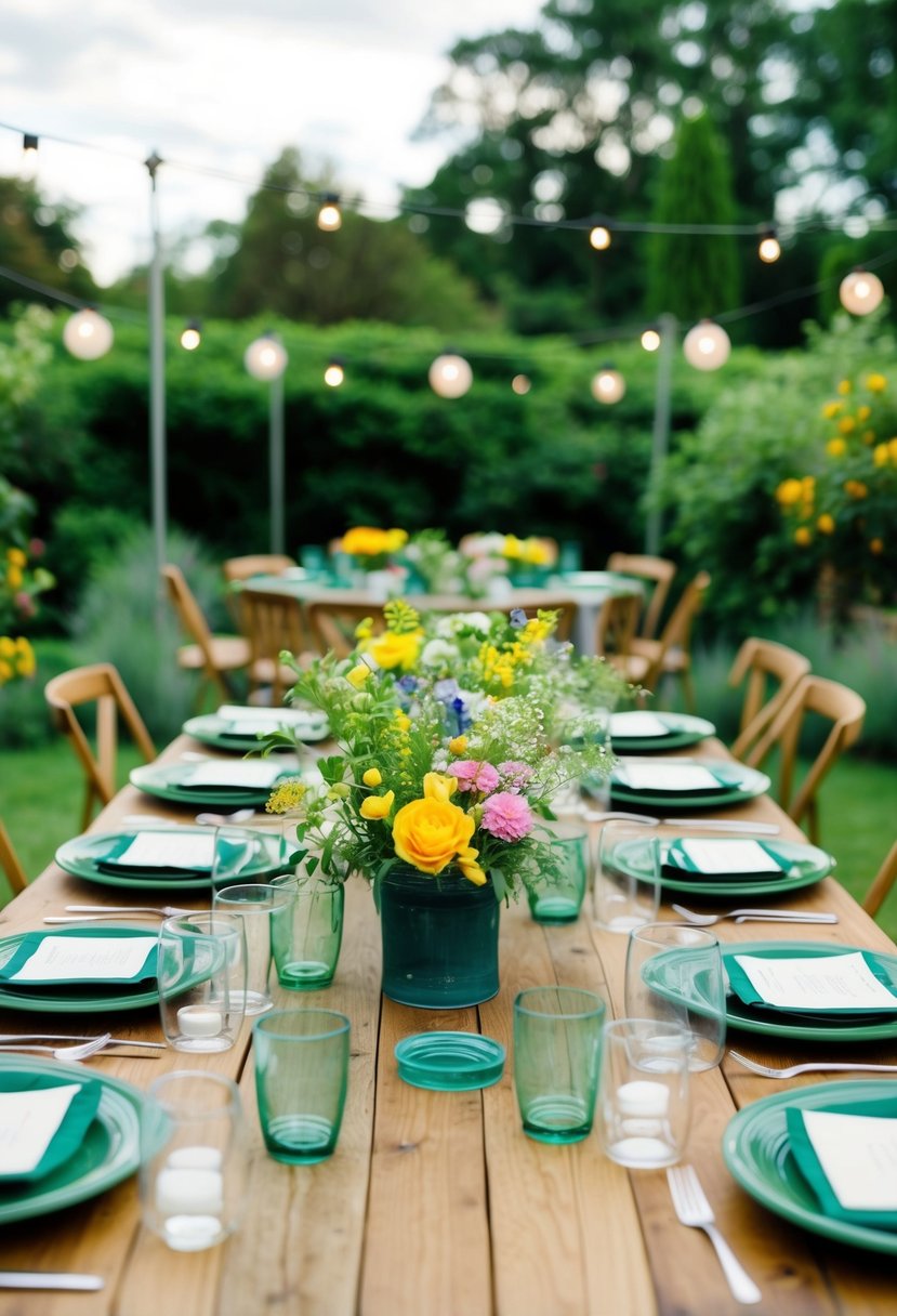 A lush garden with recycled decor, eco-friendly flowers, and reusable tableware for a sustainable wedding