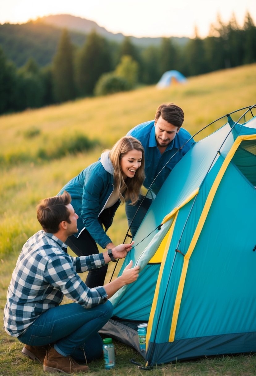 A couple struggles to set up a tent while camping, resulting in a comical series of mishaps and misunderstandings