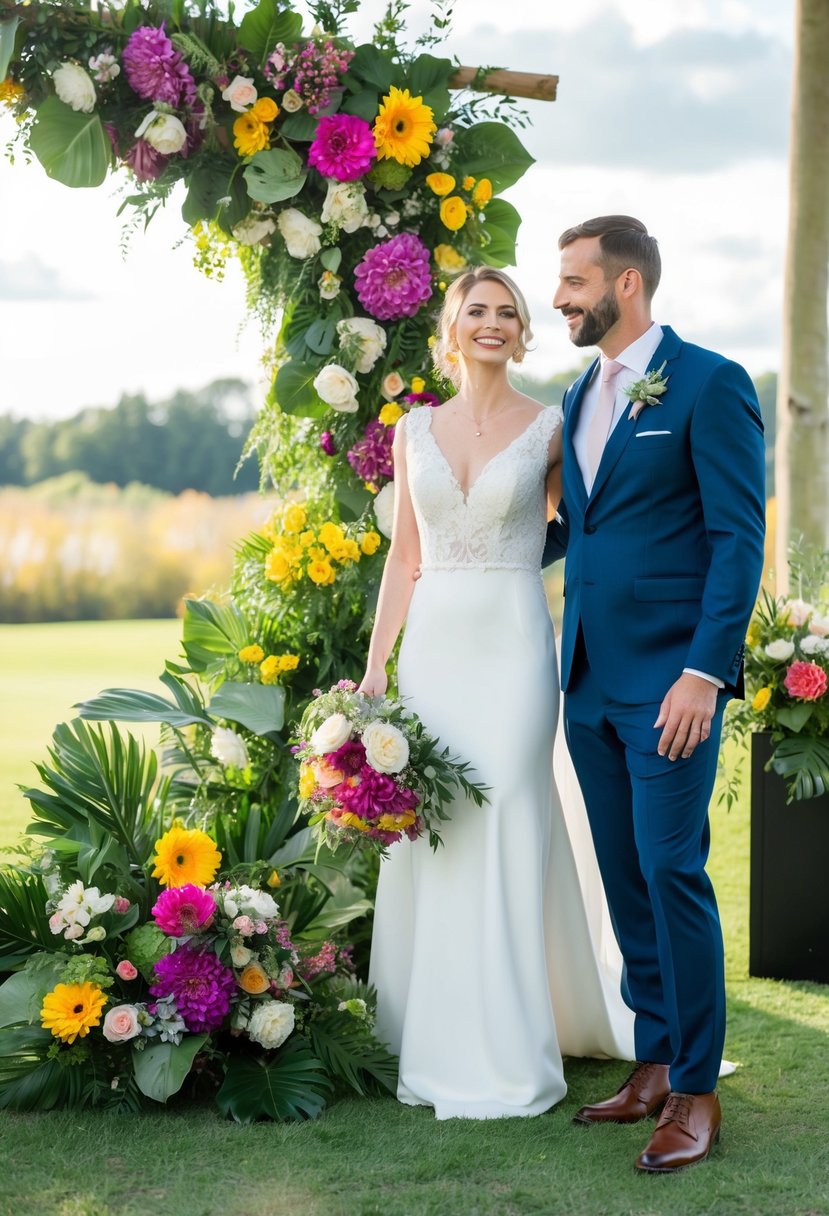 A bride and groom stand beside a foam-free floral arrangement, surrounded by eco-friendly decor. The vibrant, sustainable flowers add a pop of color to the wedding scene