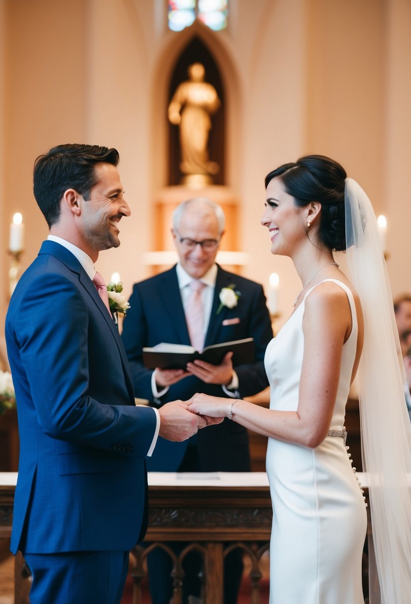 A man and woman standing at the altar, exchanging vows with hopeful smiles