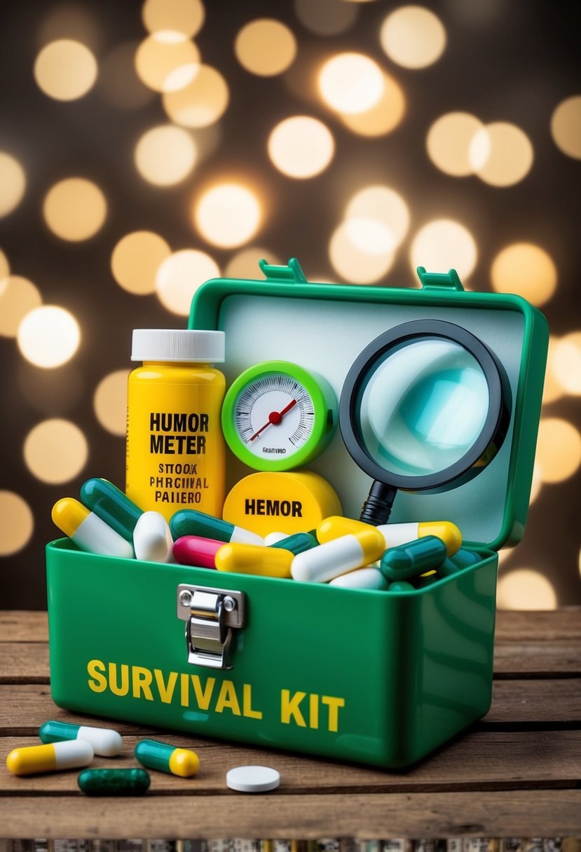 A cartoon-style survival kit box filled with comically oversized patience pills, a humor meter, and a giant magnifying glass for finding lost items