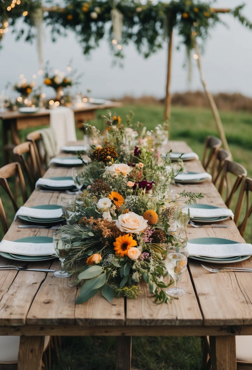 A rustic wooden table adorned with a wild arrangement of seasonal and local flowers, surrounded by eco-friendly wedding decor