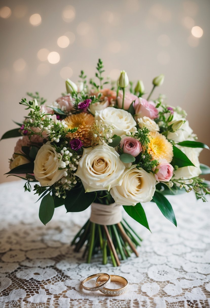 A beautiful bouquet of flowers and elegant wedding rings arranged on a lace tablecloth