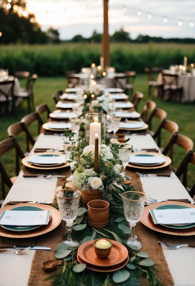 A rustic outdoor wedding reception with vintage tableware and sustainable decorations