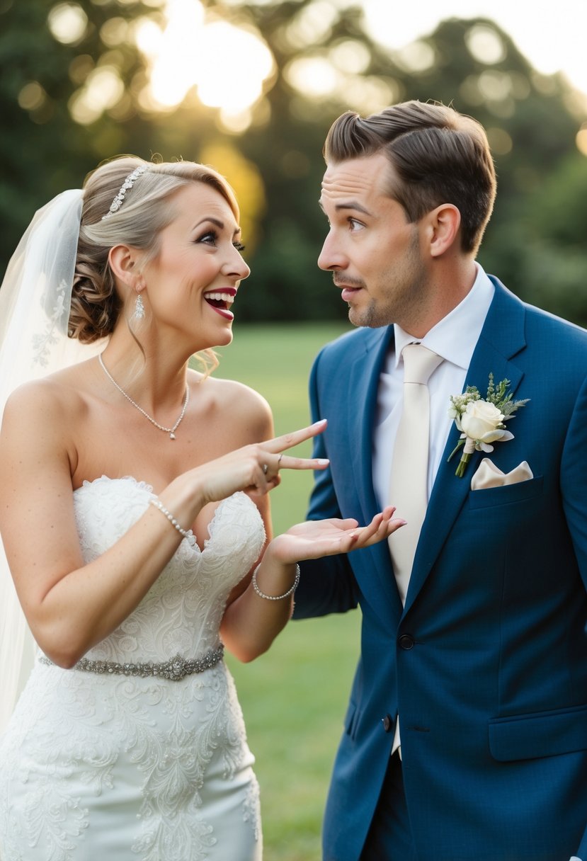 The bride gestures animatedly while the groom looks puzzled, trying to recall her long, winding stories