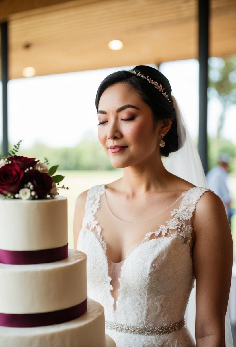 A person with wide open eyes standing next to a wedding cake, then closing their eyes halfway