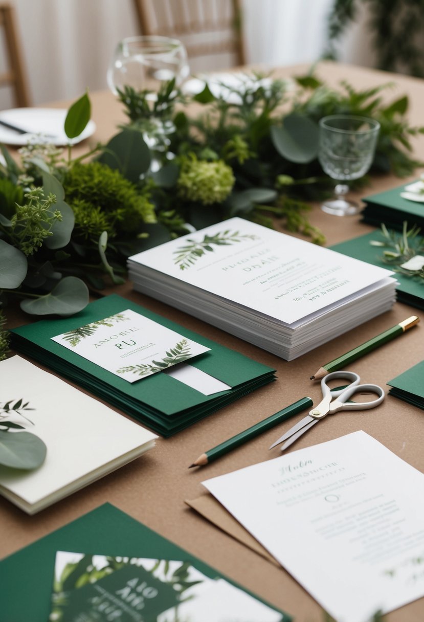 A table with a pile of recycled paper, scissors, and a pencil. A wedding invitation design in progress, surrounded by greenery and eco-friendly decor