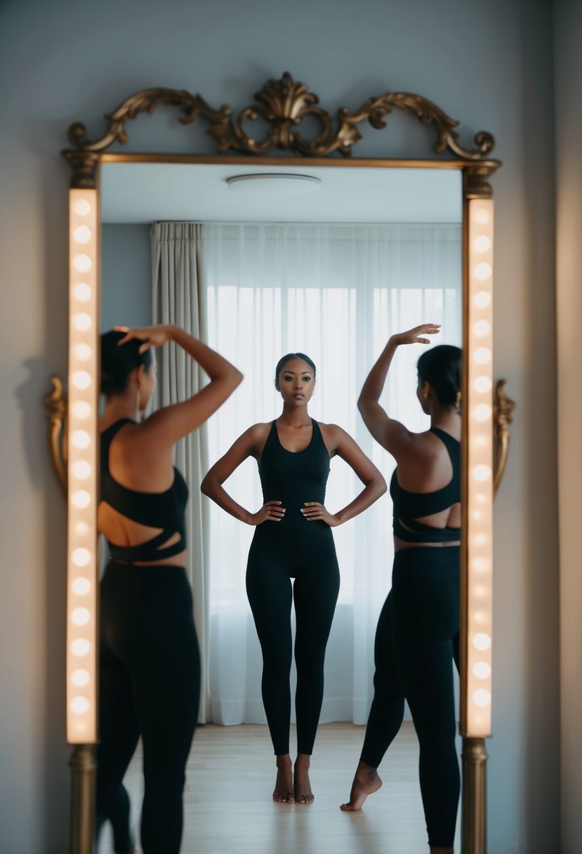 A figure standing in front of a mirror, striking different poses and angles to find the most flattering position